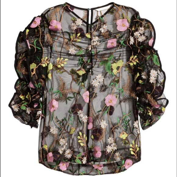H&M Sheer Floral Embroidered‎ Blouse 4 Black Puff 3/4 Sleeve Top - Picture 1 of 11